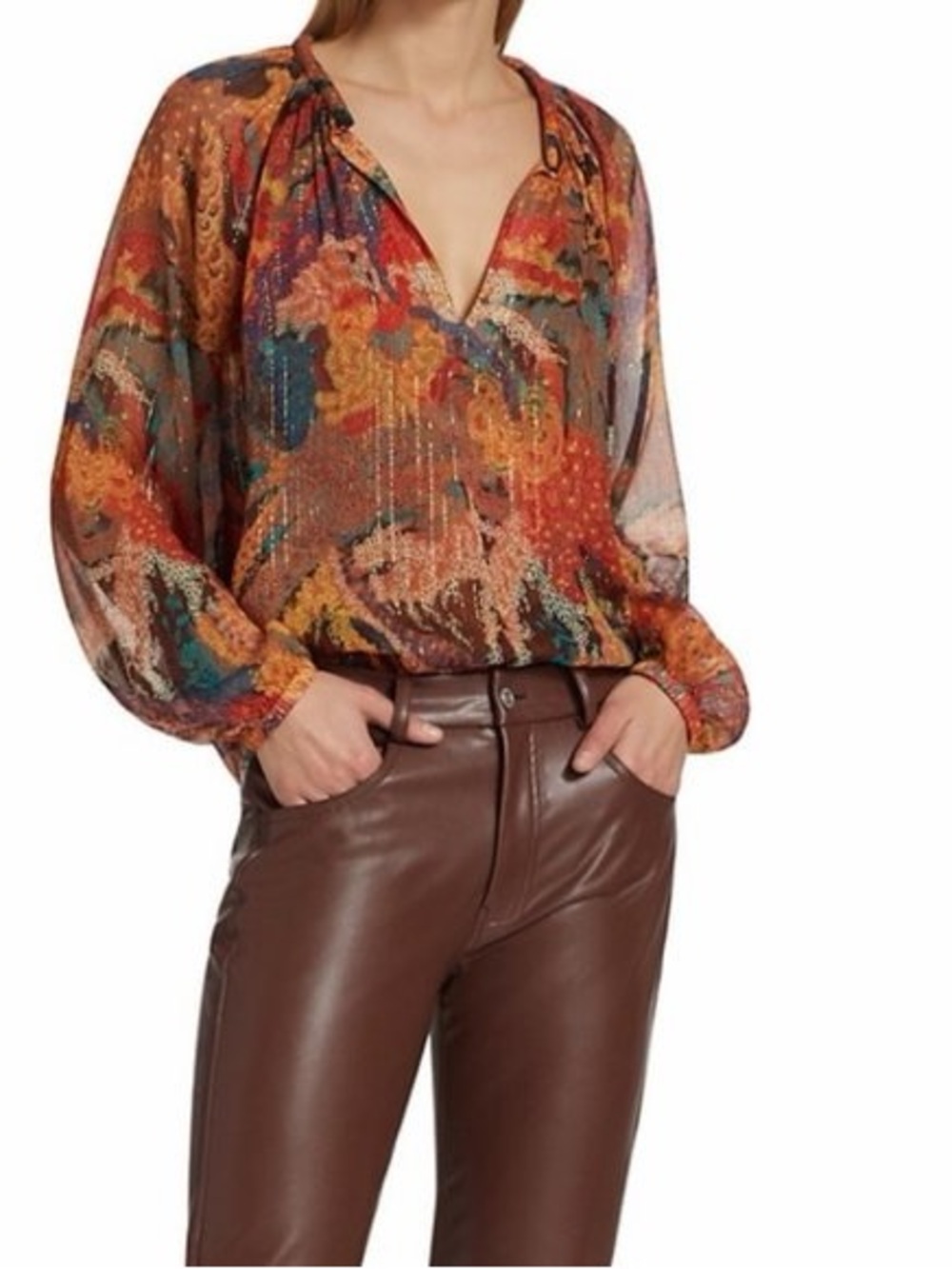 A.L.C. Dana Metallic Stripe Long Sleeve Silk Blend Blouse Paisley Peacock Size 8